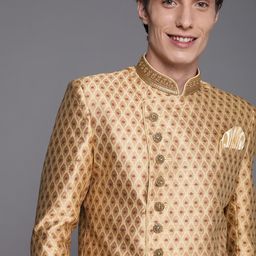 Manyavar Men Beige Art Silk Printed Sherwani and Churidar-40
