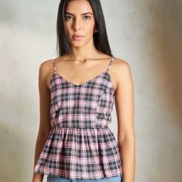VIRGIO Pink Cotton Checks Sleeveless Top-image-76