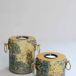 Karo Amrapali Blue & Gold Wooden Pillar Candle Holders - Set of 2-44