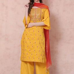 Rangriti Yellow Embellished Kurta Palazzo Set With Dupatta-image-36