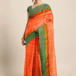 Kalakari India Orange & Green Cotton Woven Saree With Unstitched Blouse-picture-43