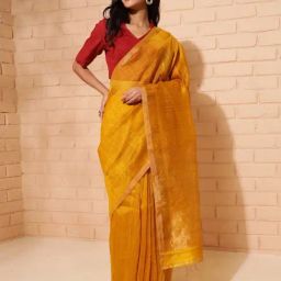 Fabindia Mustard Silk Blend Woven Sari-picture-11