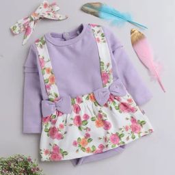 Bumzee Kids Lavender & White Floral Print Full Sleeves Frock with Headband-image-7