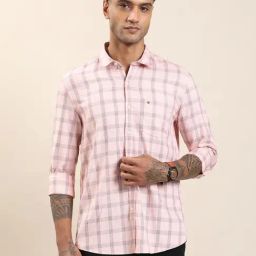 Turtle Light Pink Cotton Slim Fit Checkered Casual Shirt-picture-40