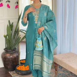 PARNAVI Women Embroidered Chanderi Cotton Kurti with Trousers & With Dupatta-picture-35