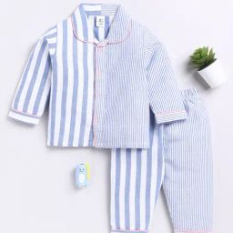 Clt.s Unisex Blue & White Striped Full Sleeves Shirt With Pyjamas-image-97