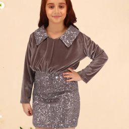 Cutecumber Girls Dark Brown Embellished Full Sleeves Shift Dress-image-98