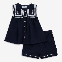 HOP Baby by Westside Navy Embroidered Cotton Top with Shorts Set-image-32