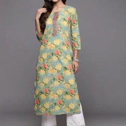 Varanga Blue Cotton Floral Print Straight Kurta-36