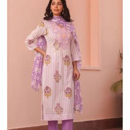 Scakhi Lavender Cotton Block-Printed Embroidered Straight Suit Set-image-30