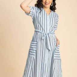 Moomaya Blue & Black Cotton Striped Shirt Dress-picture-43
