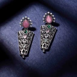 Panash Oxidized Silver Plated Stone Studded Drop Earrings-23