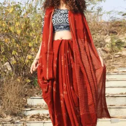 Chidiyaa Maroon Dragonfly Block Printed Cotton Mul Saree image 3