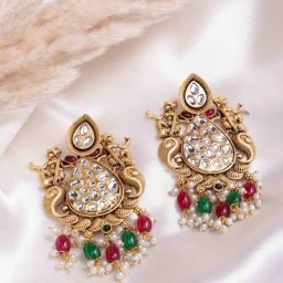 Panash 22CT Gold Plated Kundan Pearl & Bead Dangler Earrings-5