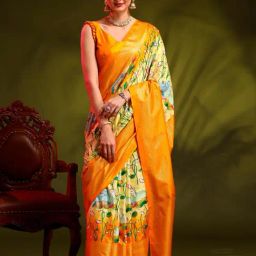 Saree Mall Yellow Floral Print Saree With Unstitched Blouse-image-56