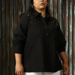 High Star Plus Size Black Cotton Relaxed Fit Oversized Shirt-image-70
