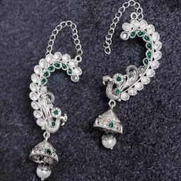 Panash Oxidized Silver Plated Peacock Ear Cuff Earrings-image-95