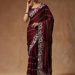 Saree Mall Burgundy Satin Embroidery Saree with Blouse Piece-image-19