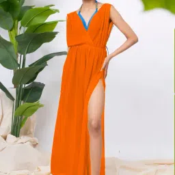 Erotissch Mustard Polyester Beachwear Cover Up Dress-image-97