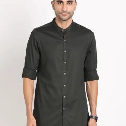 Turtle Dark Green Cotton Slim Fit Jacquard Shirt-image-27