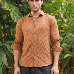 Campus Sutra Brown Poly Spandex Regular Fit Textured Shirt-image-88