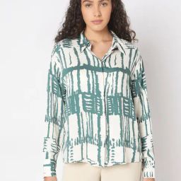 Vero Moda Sea Green & White Viscose Printed Shirt-image-91