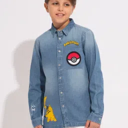 Jack & Jones Junior Kids Blue Graphic Denim Shirt-image-12