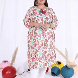 FLAVIA CREATION Plus Size Floral Printed Tie-Up Neck Pure Cotton Straight Kurta-image-14
