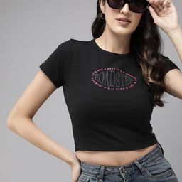 Roadster Typography Printed Bio Finish Slim Fit Crop T-shirt-image-36