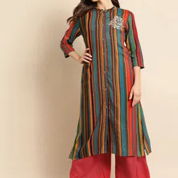 Anouk Women Striped Keyhole Neck Flared Sleeves Thread Work Liva Kurta-picture-5