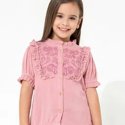 Cherry Crumble By Nitt Hyman Half Sleeves Botanical Embroidered Yoke & Frill Detailing Top - Pink-picture-39