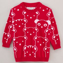 Little Folks Full Sleeves Cotton Pullover Bear Design - Red-image-12