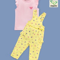 Babyoye Eco-Conscious Cotton With Eco Jiva Finish Short Sleeves Heart Print T-shirt and Dungaree Set - Pink  & Yellow-7