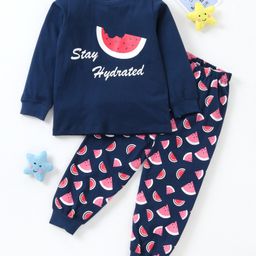BLUSHES Full Sleeves Stay Hydrated Watermelon Printed Night Suit - Navy Blue-image-16