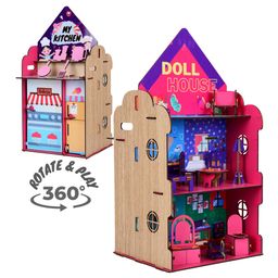 Wooden 2 in 1 Doll House and Kitchen Set with 10 Pieces Furniture and Appliances - Multicolor-image-7