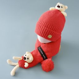 Babyhug Teddy Applique Woollen Cap and Muffler Set - Red-image-80