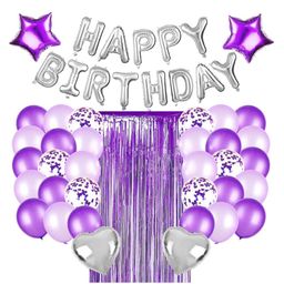Bubble Trouble Happy Birthday Purple Theme Confetti & Metallic Balloons Heart Star Balloon Foil Fringe Curtain 16th 18th 19th 21st Purple & Silver Theme Birthday Party Kit - 37 Piece-image-30
