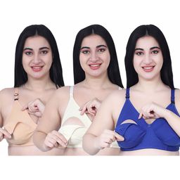 Elite Mom Pack Of 3 Solid Maternity Nursing Bras  - Beige Skin & Blue-image-86