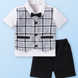 Babyhug Half Sleeves Checks Attached Waist Coat Shirt & Shorts Set with Bow  - White & Black-image-91