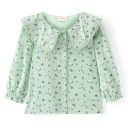 Babyhug Rayon Knit Full Sleeves Front Open Peter Pan Collared Top with Floral Print - Green-image-99