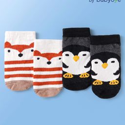 Babyoye Cotton Bamboo Knit Regular Socks with Penguin & Fox Design Pack Of 2- Black White & Red-image-50