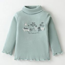CUCUMBER Cotton Knit Full Sleeves Turtle Neck Top with Plants & Bird Print -Sea Green-picture-12