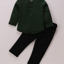 Babyhug Cotton Woven Full Sleeves Mandarin Collared Solid Kurta Shirt & Denim Jeans Set - Green & Black-image-84