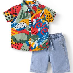 Babyhug Cotton Woven Half Sleeves Printed Shirt & Denim Shorts Set - Red & Blue-image-77