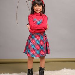 Budding Bees Cotton Full Sleeves Heart Patch Detailed High Neck Top & Skirt - Red-image-61