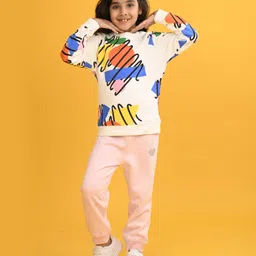 Anthrilo Fleece Long Sleeves Shapes Printed Sweatshirt With Comfort Fit Jogger - White & Pink-picture-26