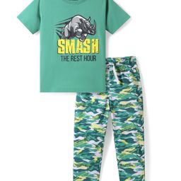 Pine Kids Single Jersey Knit Half Sleeves Night Suit with Animal & Camoflage - Dark Green-image-43