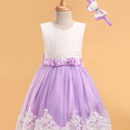 Mark & Mia Woven Sleeveless Party Dress with Bow Headband& Floral Embroidery- Lavender-image-100