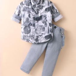 Rikidoos Full Sleeves Abstract Printed Shirt With Pant Suspender & Bow Set - Grey-image-80