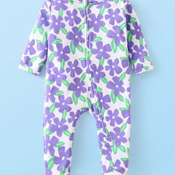 Babyhug Cotton Knit Full Sleeves Footed Sleepsuit with Floral Print - Lavender-image-18